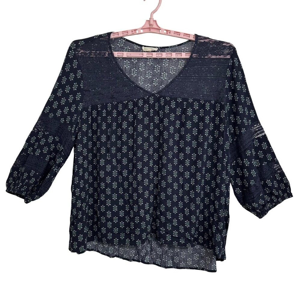loralette Womens 3X Navy Floral Boho V-Neck Peasant Top 3/4 Sleeves Hippie